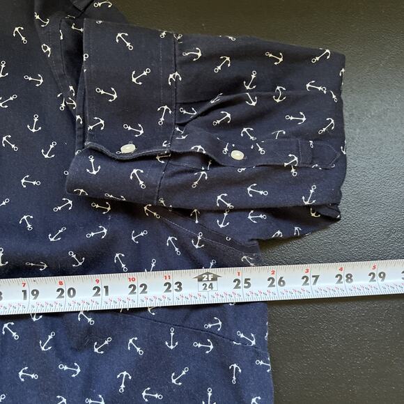 Chaps Button Up Shirt Womens 1X Navy Nautical Print Cotton 3/4 Sleeve Anchors - Picture 8 of 10